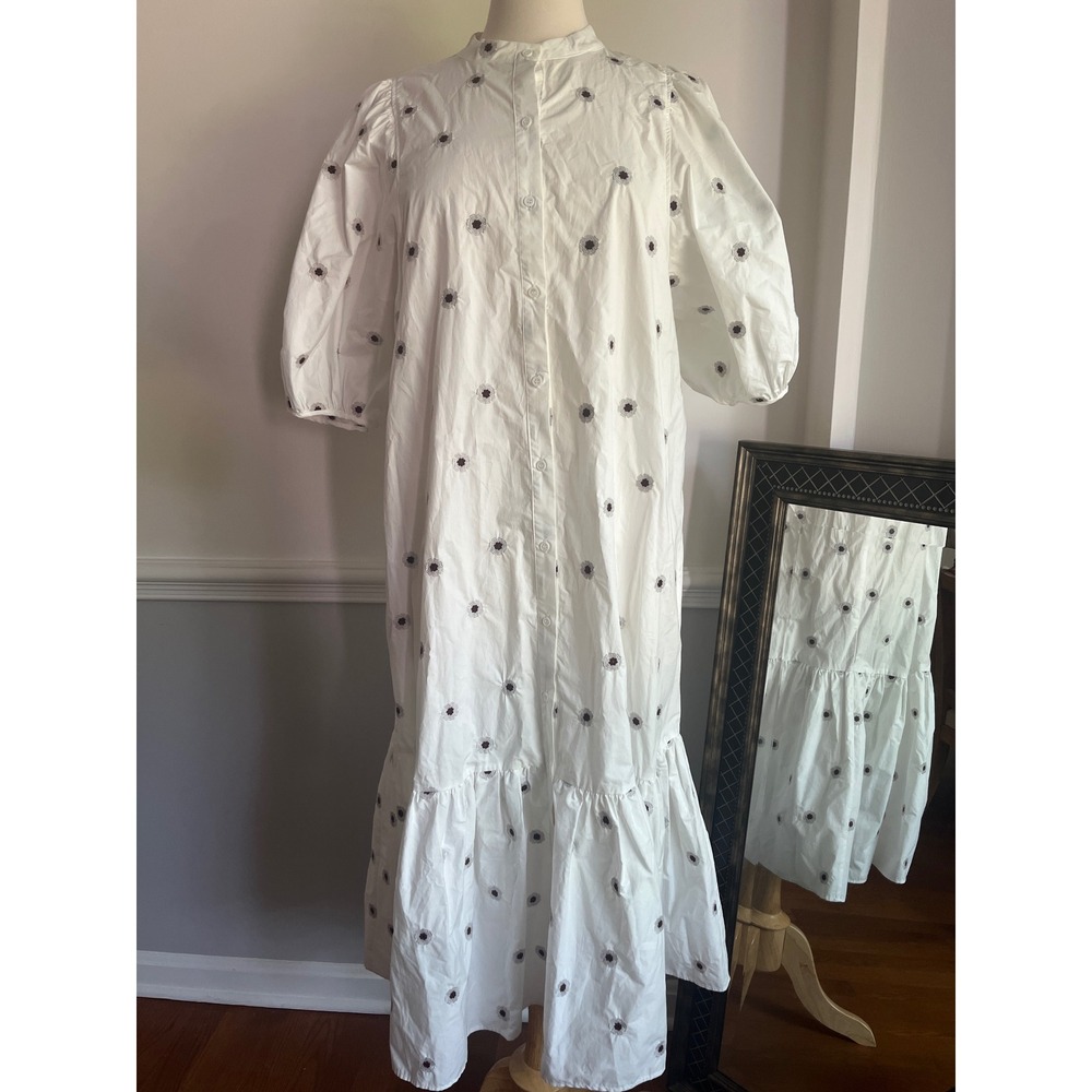 Zara White Poplin Ruffled Midi Dress Medium White Embroidered Floral - Picture 2 of 9